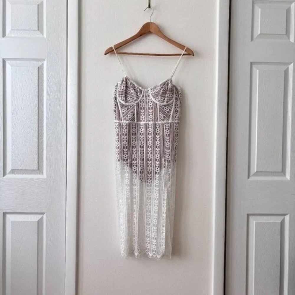 For Love & Lemons Dakota Lace Midi Dress White High Thigh Slit